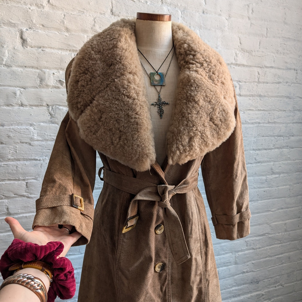 Vintage Leather Jacket Penny Lane Jacket Faux Fur Coat 70s Tapestry Trench Coat - Picture 15 of 16
